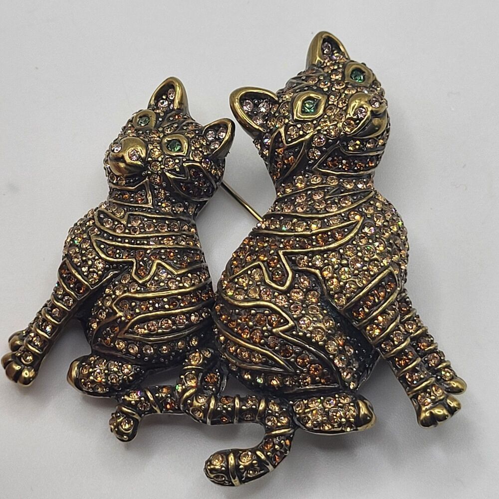 Heidi Daus Designer Double Cat Rhinestone Metal Brooch Pin 3in - Picture 5 of 5